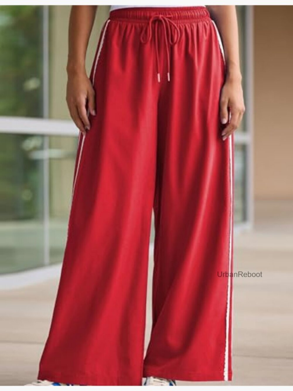Wide Leg Striped Sweatpants with Pockets Drawstring Waist Casual Lounge Palazzo - Picture 3 of 7